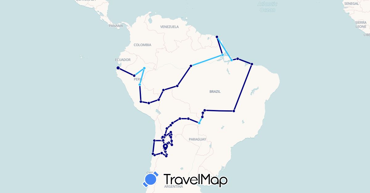 TravelMap itinerary: driving, boat in Argentina, Bolivia, Brazil, Chile, French Guiana, Peru (South America)